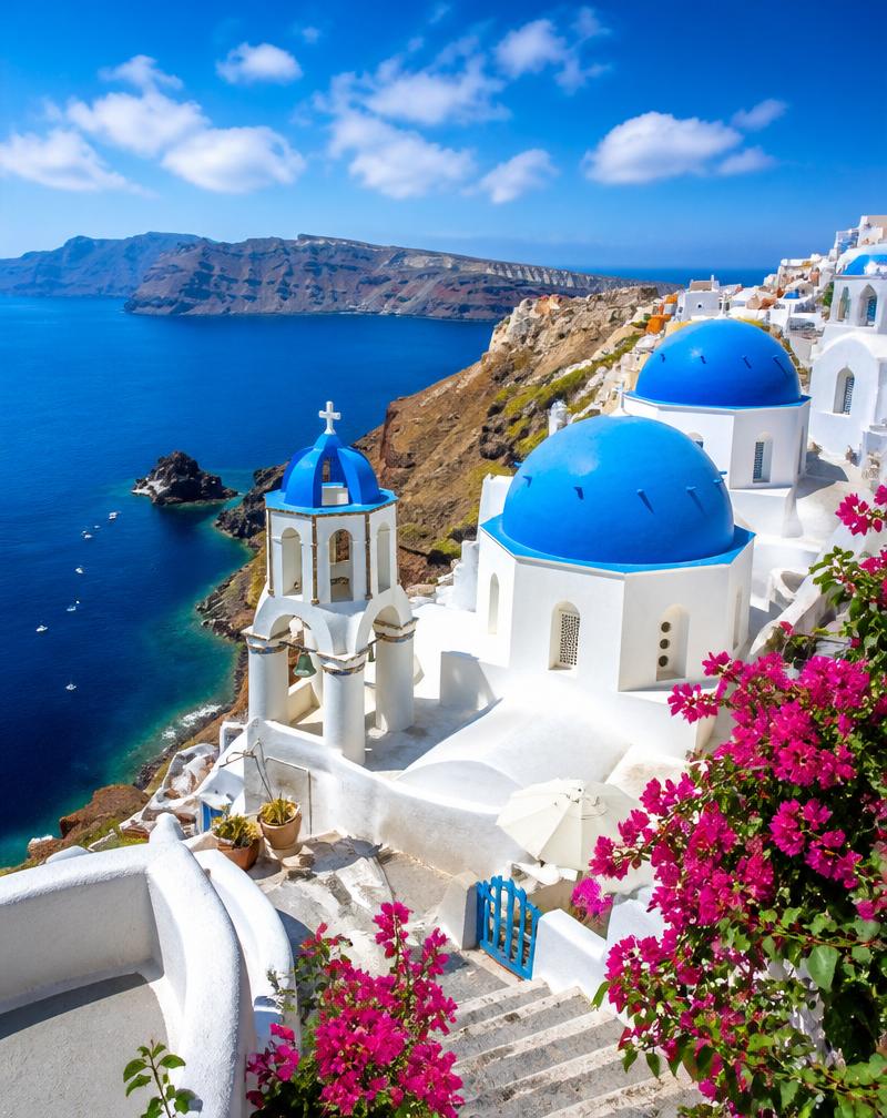 Santorini con cúpulas azules y mar Mediterráneo